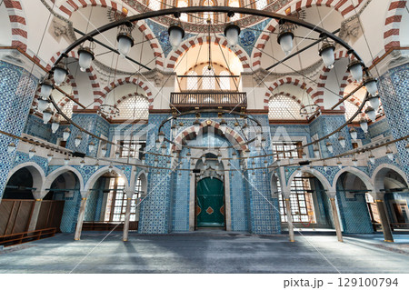 Rustem Pasha Mosque interior, Istanbul, Turkey, with exquisite Iznik tiles and grand chandeliers Rustem Pasha Mosque interior, Istanbul, Turkey, with exquisite Iznik tiles and grand chandeliers 129100794