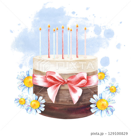 A birthday cake with candles, pink ribbon and daisies on a blue watercolor spot. The watercolor illustration is isolated on a white background. Template dessert for postcards, invitations, greetings A birthday cake with candles, pink ribbon and daisies on a blue watercolor spot. The watercolor illustration is isolated on a white background. Template dessert for postcards, invitations, greetings 129100829