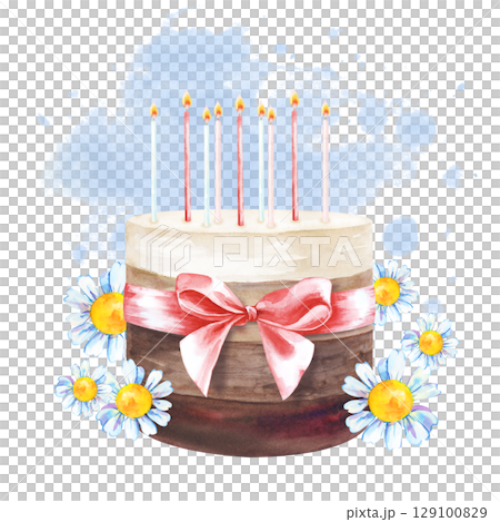 A birthday cake with candles, pink ribbon and daisies on a blue watercolor spot. The watercolor illustration is isolated on a white background. Template dessert for postcards, invitations, greetings A birthday cake with candles, pink ribbon and daisies on a blue watercolor spot. The watercolor illustration is isolated on a white background. Template dessert for postcards, invitations, greetings 129100829
