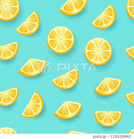 Seamless lemon fruit background for banners, printing on fabric, labels, printing on T-shirts. Children's drawing in cartoon style on a turquoise background. Seamless lemon fruit background for banners, printing on fabric, labels, printing on T-shirts. Children's drawing in cartoon style on a turquoise background. 129100840