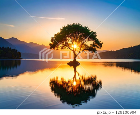 朝焼けに照らされた静かな湖と一本の木、水面に完璧に映る構図、幻想的な色合い、超繊細、4K 129100904