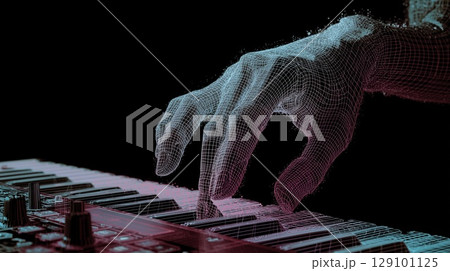 Polygonal hand playing a digital keyboard, creating a futuristic and technological music performance 129101125