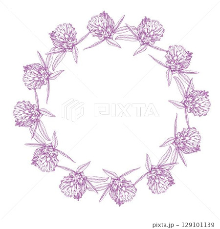 Wreath of clovers buds. Meadow flower vector ink illustration. Handmade ink art work. For packaging design, cards, cover, prints, product labels and fabric. Wreath of clovers buds. Meadow flower vector ink illustration. Handmade ink art work. For packaging design, cards, cover, prints, product labels and fabric. 129101139