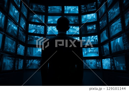 Security guard monitoring multiple surveillance screens in a dark control room, ensuring safety and preventing incidents 129101144