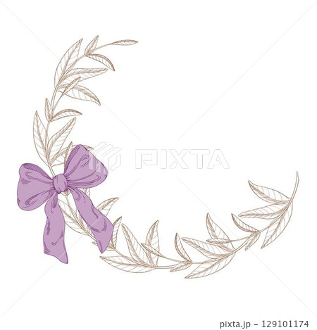 Wreath of clovers leaves and bow. Meadow flower vector ink illustration. Handmade ink art work. Wreath of clovers leaves and bow. Meadow flower vector ink illustration. Handmade ink art work. 129101174