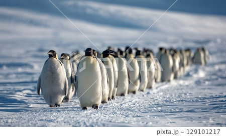 Colony of emperor penguins marching in a line across the snowy landscape of Antarctica, showcasing their adorable and resilient nature 129101217