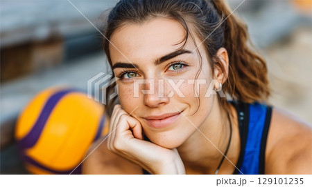 Female volleyball player smiling, resting hand...のイラスト素材 [129101235