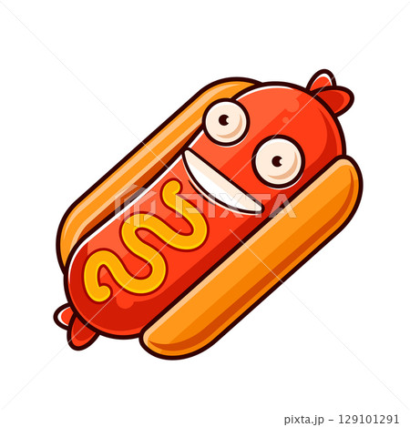 Illustration of a hot dog with mustard and ketchup in a retro sketch style. Vector 129101291