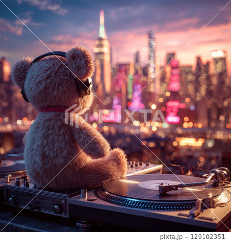 Teddy bear DJ enjoying a sunset over a vibrant city skyline while mixing music on turntables 129102351