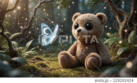 adorable little bear watching butterfly in enchanted fantasy forest illustration for use in fairy tale book design or magical animal themed posters 129102424