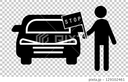 一個人在汽車前舉著「停止」標誌以阻止交通的象形圖 129102461