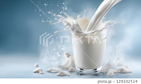 Fresh Cow's Milk Pouring into Glass on neutral Background, Dairy Promotion 129102514