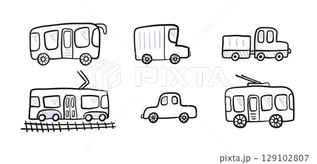 Cute kids style drawing doodle outline city transport for kid coloring books. Childish sketchy linear public city transport, car, truck for children educational or fun app or book, sticker, logo Cute kids style drawing doodle outline city transport for kid coloring books. Childish sketchy linear public city transport, car, truck for children educational or fun app or book, sticker, logo 129102807