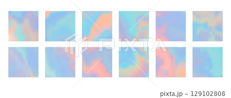 Set of tender pastel blue and coral orange square wavy hologram background. Holographic vibrant teal and pink colors geometric stickers for software, ui design, web, apps wallpaper, banner 129102808