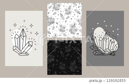 Boho posters and seamless pattern with crystals vector set 129102855