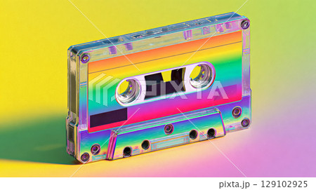 Rainbow colored cassette tape lies on gradient background 129102925