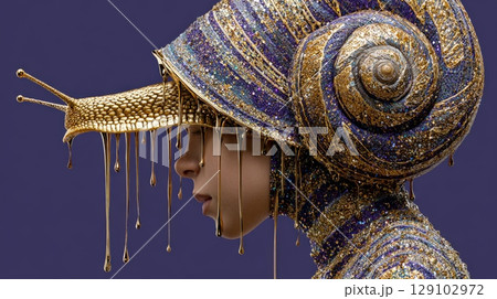 Golden snail headdress dripping gold on model's face, creative makeup 129102972