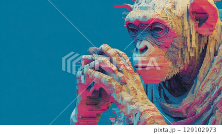 Pensive chimpanzee contemplating with folded hands in pixel-sorted style 129102973