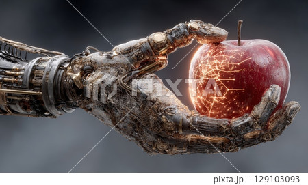 Robotic hand holding glowing apple symbolizing technological advancement 129103093
