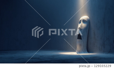 Screaming melted face emerging from wall under spotlight 129103229