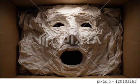 Screaming wrinkled paper face mask inside cardboard box 129103263