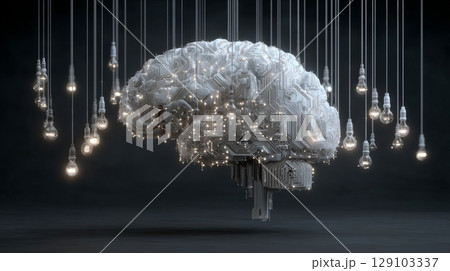 Artificial intelligence brain illuminated by hanging light bulbs symbolizing ideas 129103337