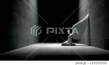 White angel statue kneeling and praying in dark concrete corridor 129103338