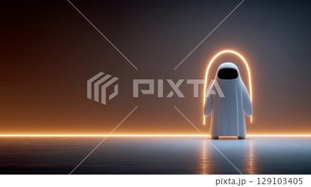 White robot holding neon arch in futuristic room 129103405