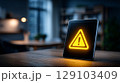 Warning alert sign notification showing on tablet screen placed on wooden table in modern living room 129103409