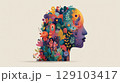 Human head silhouette filled with colorful fantasy nature illustrating imagination and creativity 129103417