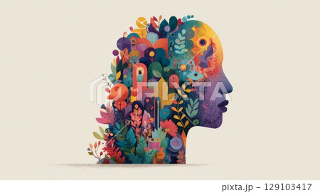 Human head silhouette filled with colorful fantasy nature illustrating imagination and creativity 129103417