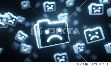 Sad face folders represent lost data flying in digital space 129103421