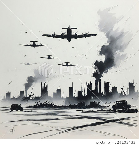 世界大戦の戦闘機、荒廃した街を飛ぶ/ 水彩画風の戦争イラスト 129103433