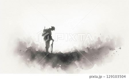 終戦後の荒野と立つ一人の兵士 / 水彩画風の戦争イラスト 129103504