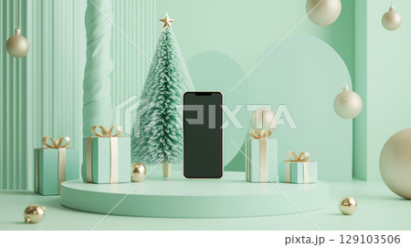 ミントグリーンで彩るスマホとクリスマスディスプレイ ミントグリーンで彩るスマホとクリスマスディスプレイ 129103506