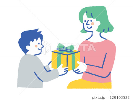 母親にプレゼントを渡す男の子_色 母親にプレゼントを渡す男の子_色 129103522