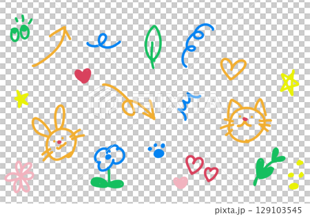 Colorful hand-drawn doodle-style illustration set (rabbit, cat, arrow, heart, etc.) 129103545