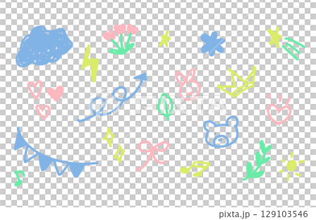 Pastel colored hand-drawn doodle material set (clouds, ribbons, bears, crowns, flowers, musical notes, etc.) 129103546