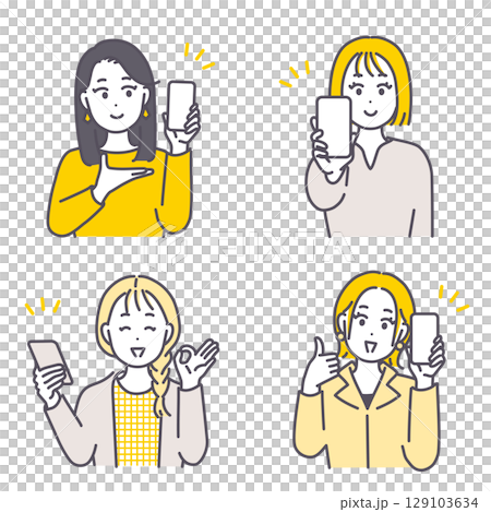 插畫素材:一位年輕女子展示她的智慧型手機並進行推薦 插畫素材:一位年輕女子展示她的智慧型手機並進行推薦 129103634