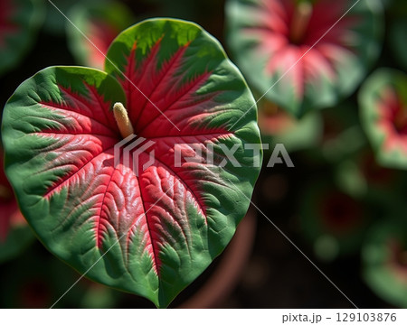 Detailed Caladium Leaf with Red Green Veins and Natural Light 129103876