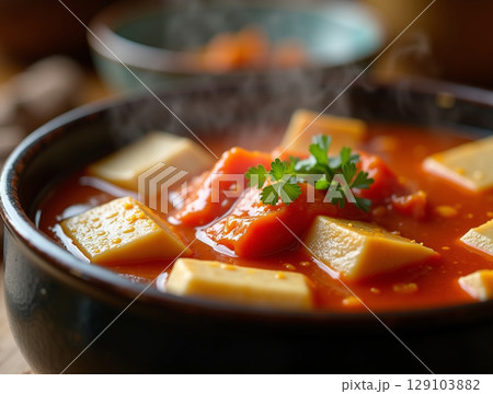 Hearty Kimchi Tofu Soup with Fresh Herbs 129103882