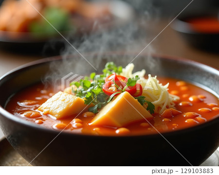 Rustic Kimchi Soup with Tofu and Melted Cheese 129103883