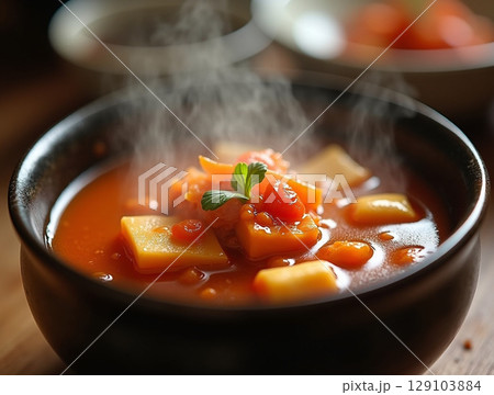 Vibrant Steaming Kimchi Jjigae with Fresh Mint 129103884
