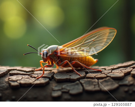 Reddish Cicada with Orange Veined Wings Resting on Bark with Soft Forest Background 129103887