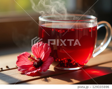 Steaming Hibiscus Tea in Clear Glass with Sunlit Pink Flower on Rustic Wood Surface 129103896