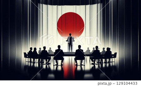 【日本政治・外交】国旗を背景に会談するビジネス/政治家（シルエットのイラスト） 129104433