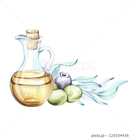 Beautiful watercolor illustration of olives and olive oil inspired by Italian cuisine and nature Beautiful watercolor illustration of olives and olive oil inspired by Italian cuisine and nature 129104436