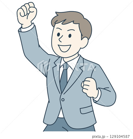 ガッツポーズで喜ぶ若手男性（青系スーツ・カラー） 129104587