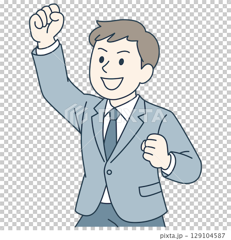 ガッツポーズで喜ぶ若手男性（青系スーツ・カラー） 129104587