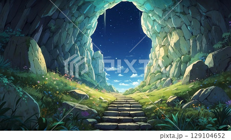 ゲーム背景 外へと続くダンジョン出口階段と朝焼けの空 ゲーム背景 外へと続くダンジョン出口階段と朝焼けの空 129104652